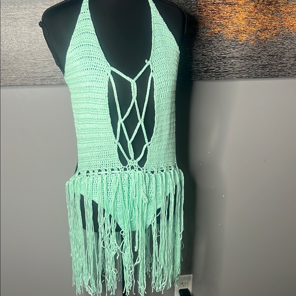 Private Label Mint Green Crochet Swim Coverup